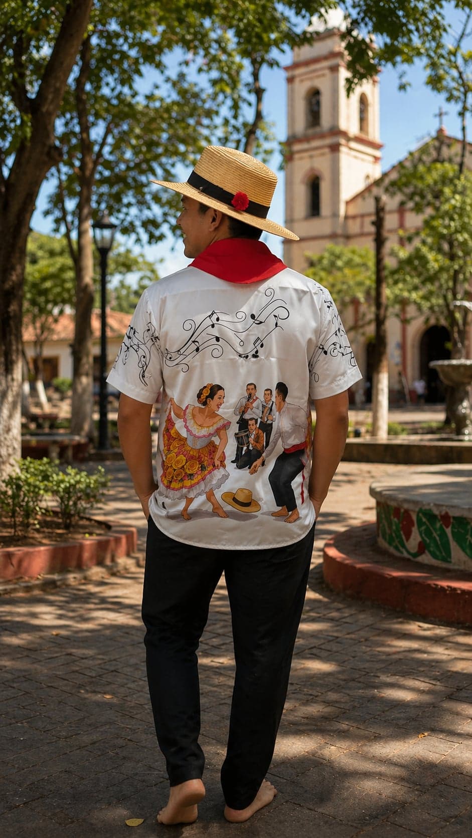 Camisa blanca con estampado de bailarines del Sanjuanero y motivos del Huila — foto 2 de 2