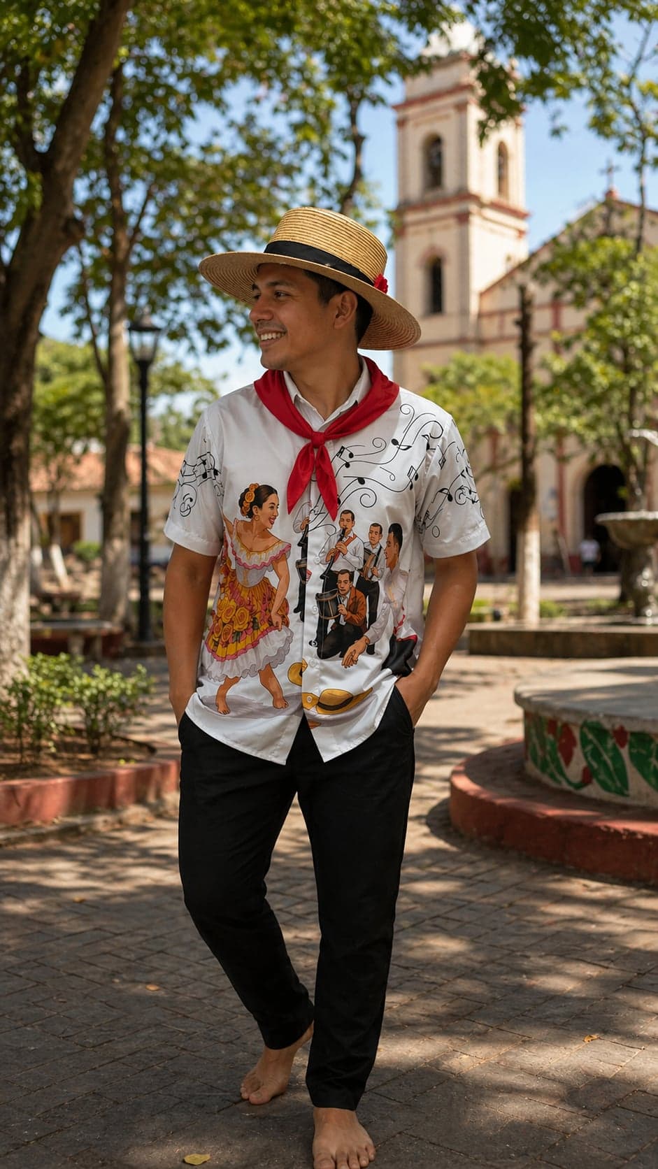 Camisa blanca con estampado de bailarines del Sanjuanero y motivos del Huila