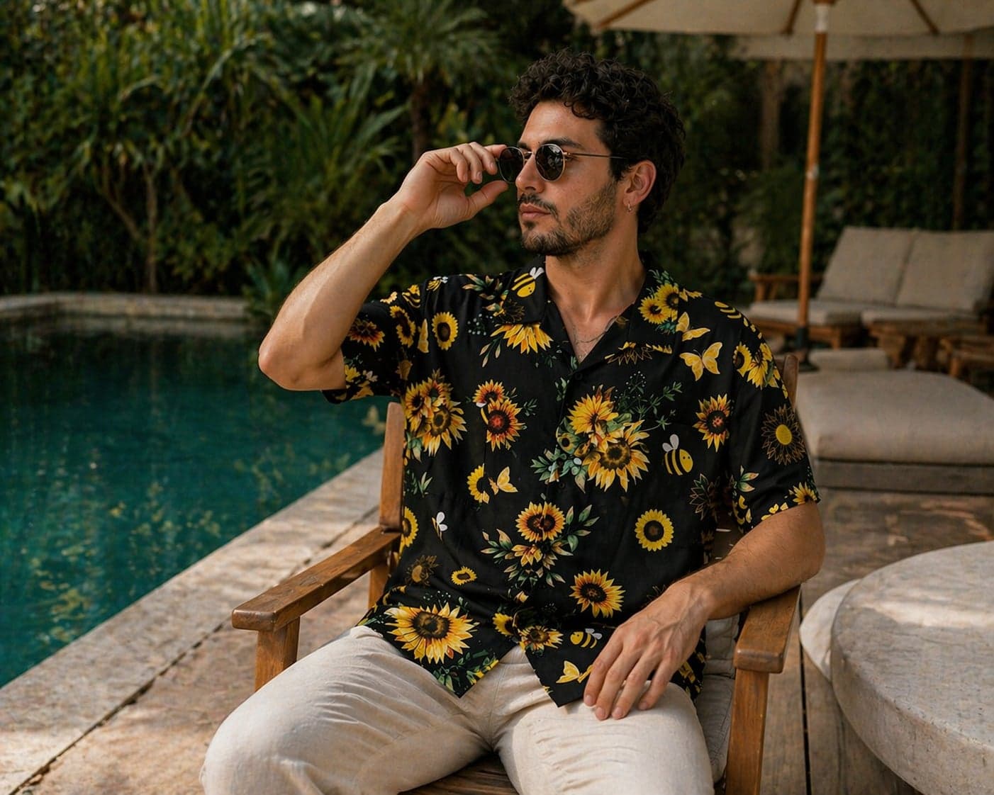 Camisa hombre negra con estampado de girasoles y mariposas — foto 2 de 2