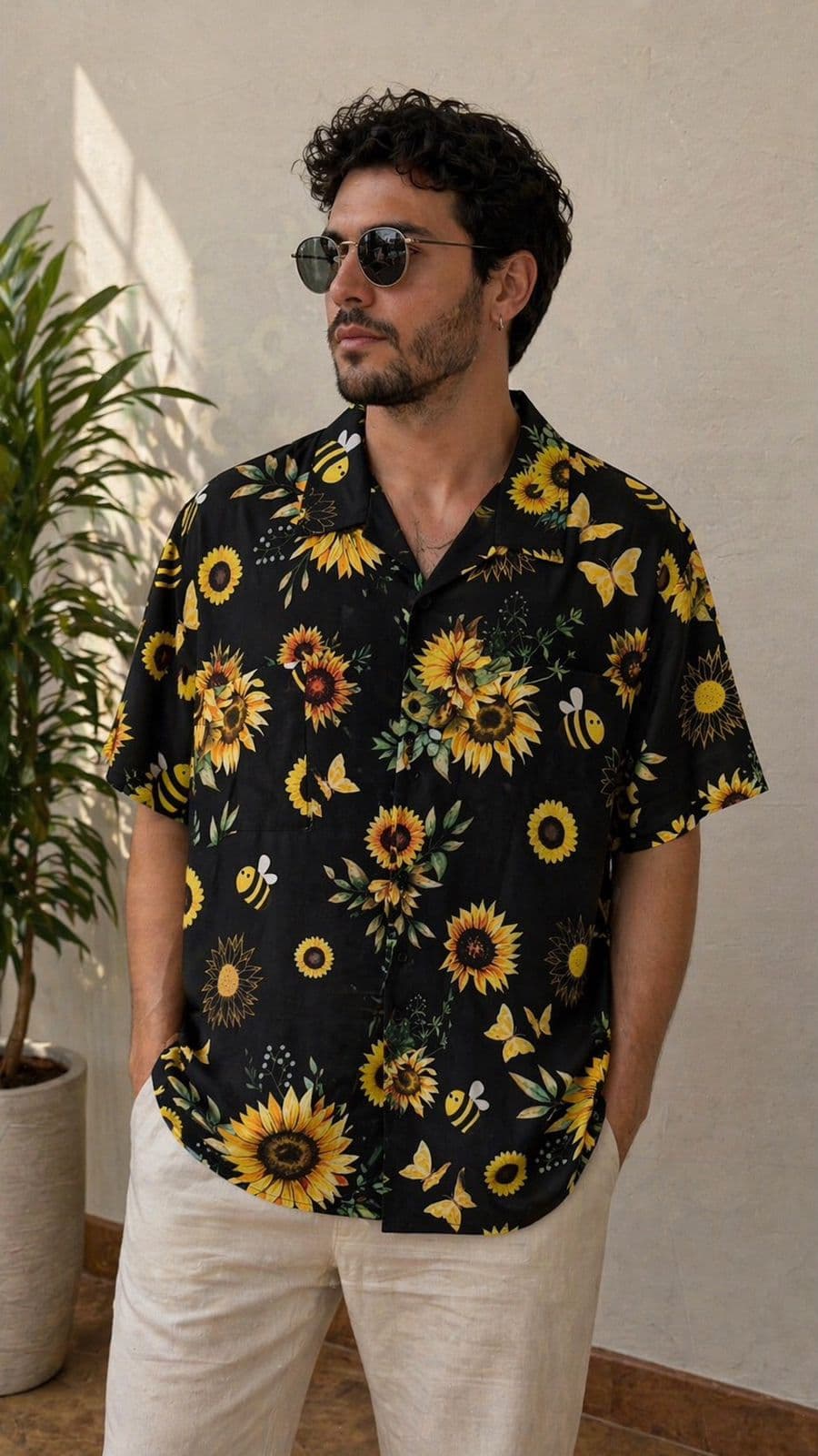 Camisa con estampado de girasoles sobre fondo oscuro