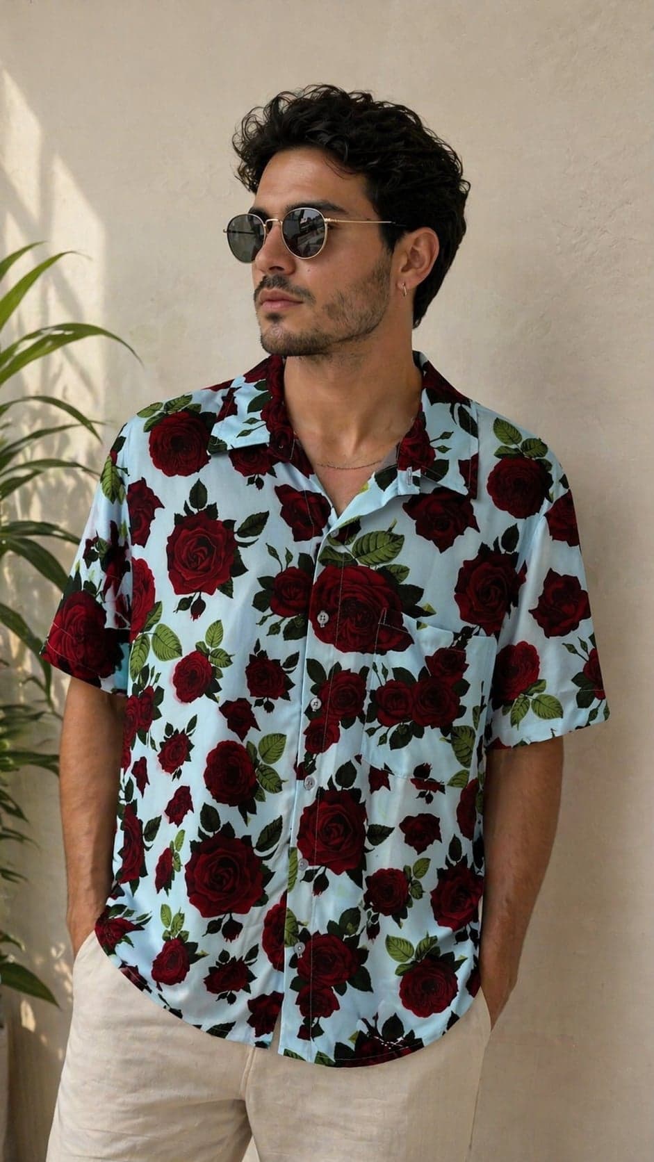 Camisa hombre azul claro con estampado de rosas rojas