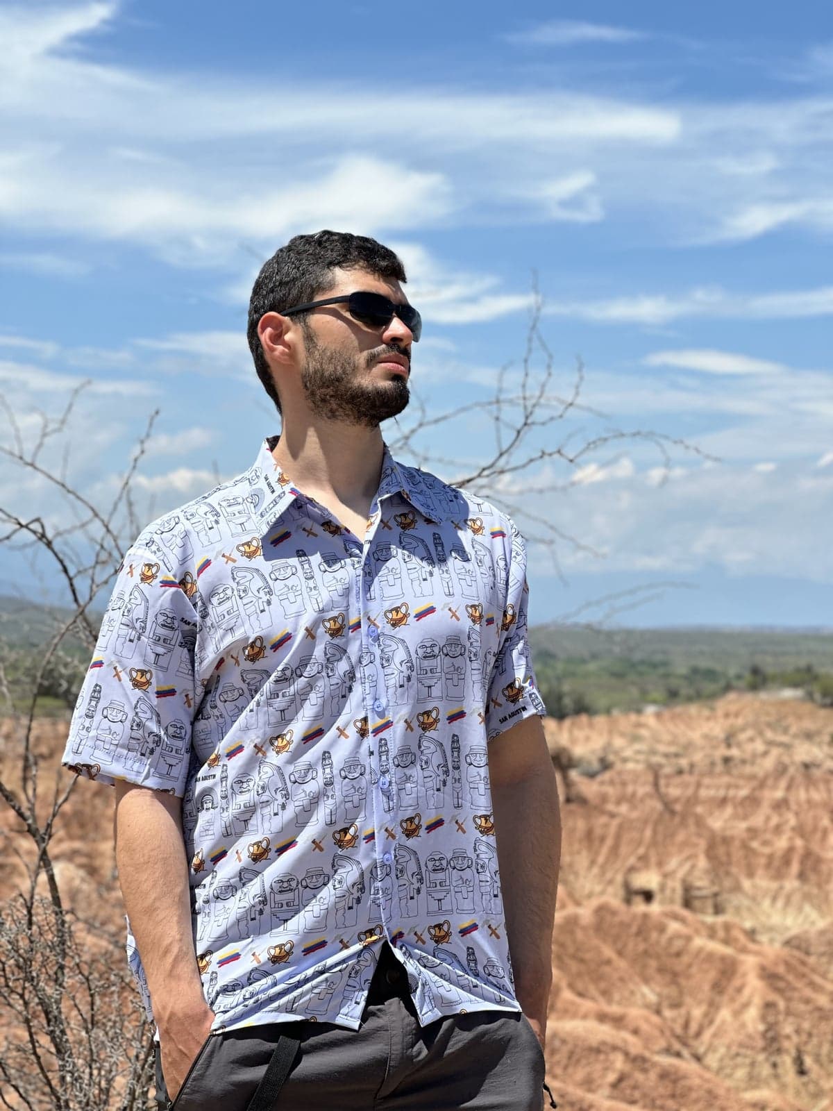 Camisa hombre con estampado de estatuas de San Agustín y motivos indígenas colombianos — foto 2 de 5